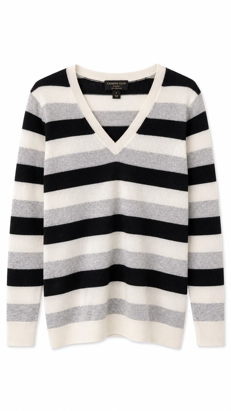 Charter Club Luxury 100% Cashmere Striped V-Neck Sweater, Black Gray Ivory, M